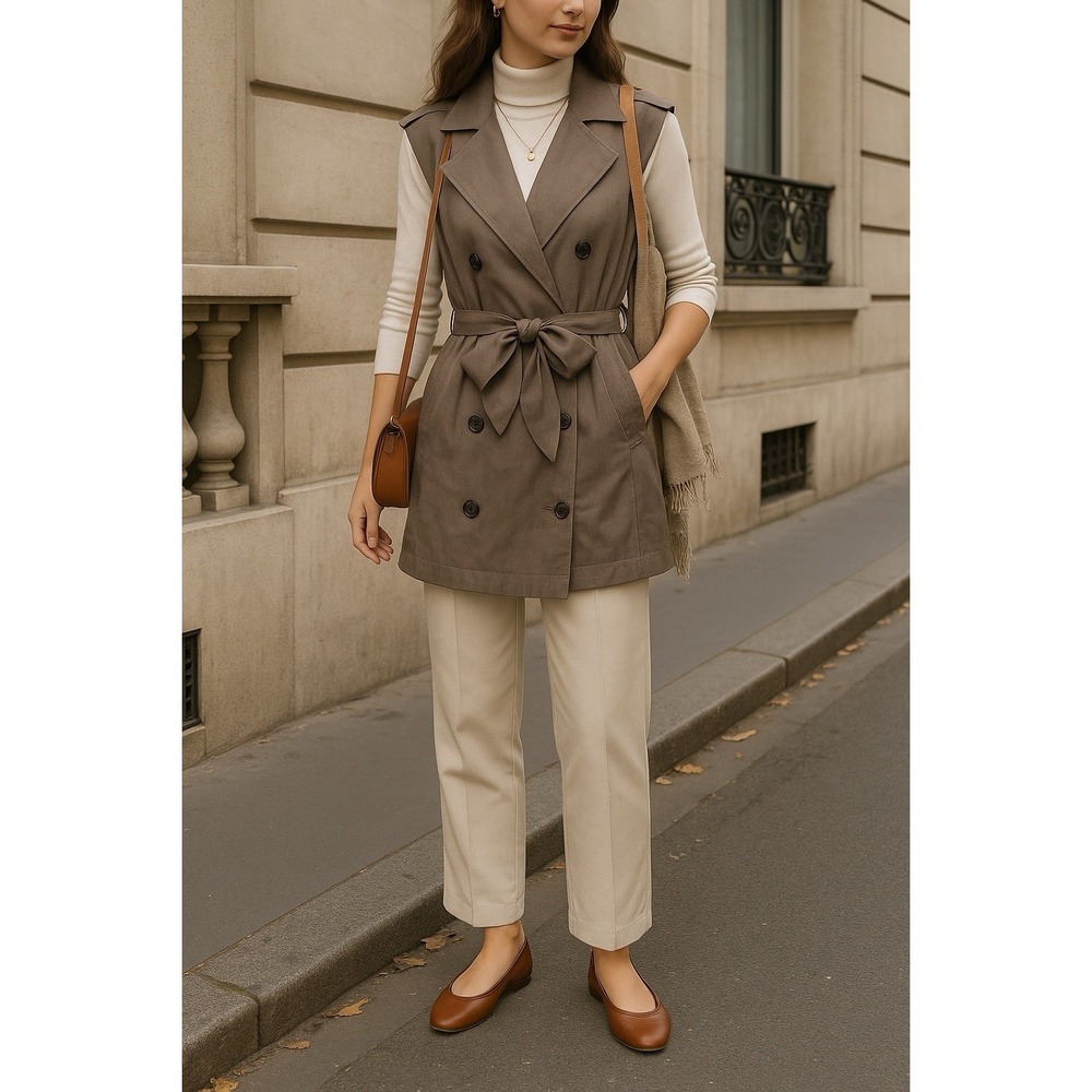 Nicholas Sleeveless Trench Vest Womens S Gray Lightweight Belted Double Breasted